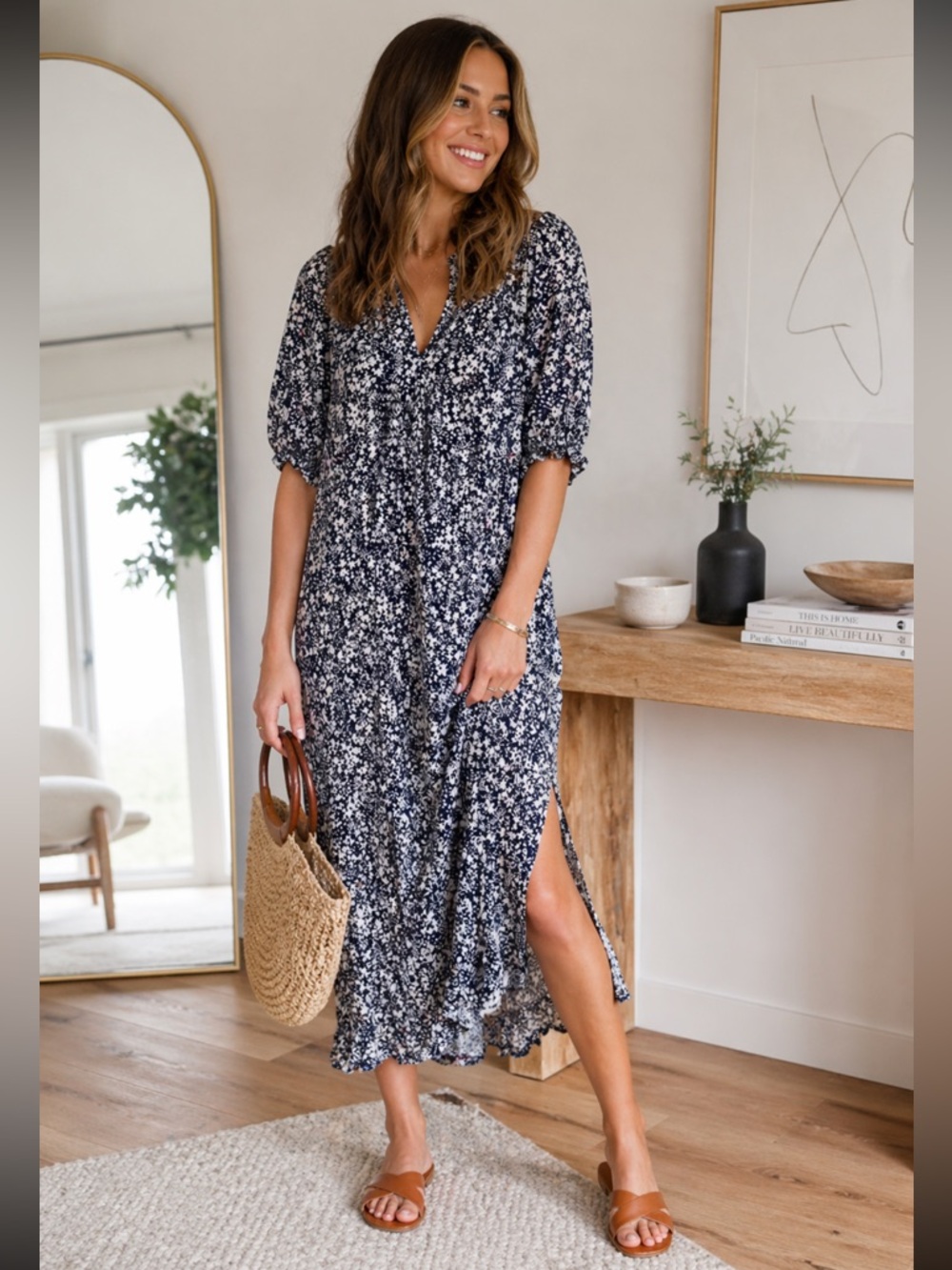 Navy Floral Midi Dress XXL Boho V Neck Short Sleeve Flowy NWT